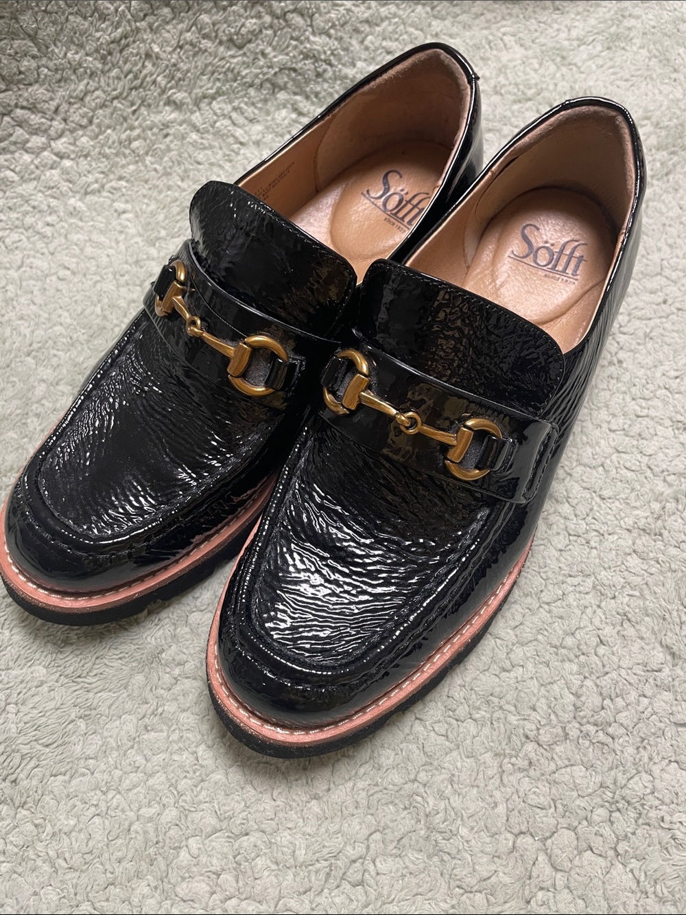 Sofft Black Patent Leather Loafers with Gold Bit Accent